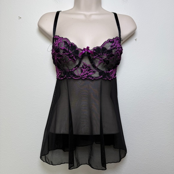 Coquette Women Babydoll Cami Top Large Sheer Purple Lace Overlay Whimsigoth - Picture 1 of 12